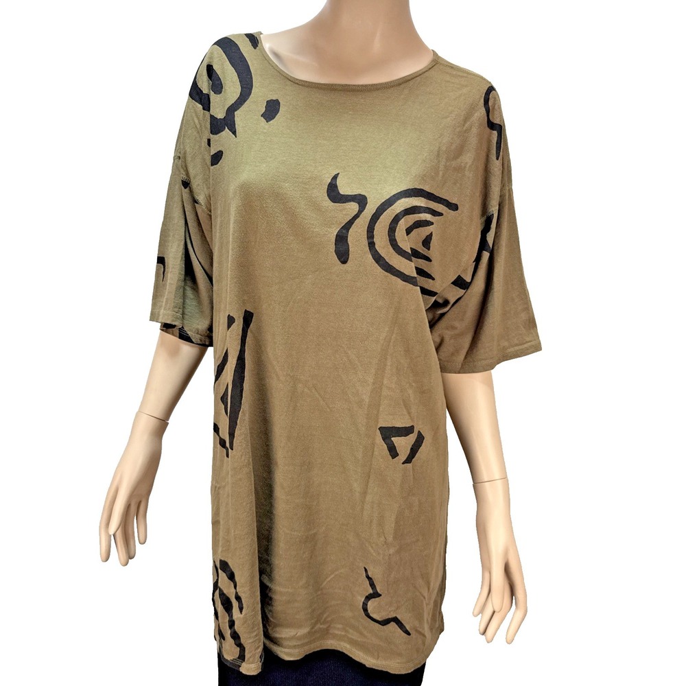 Joan Geddes Vintage 80s Abstract Print Tunic Top One Size Olive Green Cotton